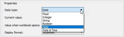 Parameters in Tableau data type for the values