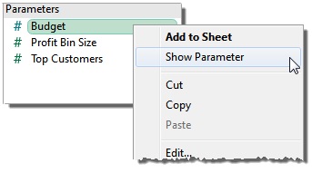 Parameters in Tableau in the viz display a parameter control